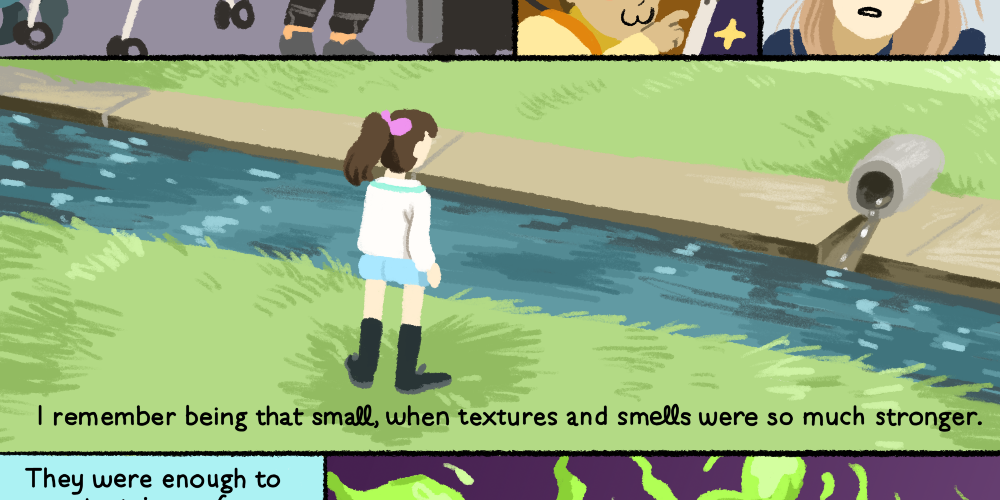 Cartoon strip cell showing a child at a riverside, with text "I remember when I was that small, when textures and smells were so much stronger"