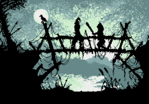 Screenshot from Blade Warrior showing an intricate foreground silhouette of a rustic bridge